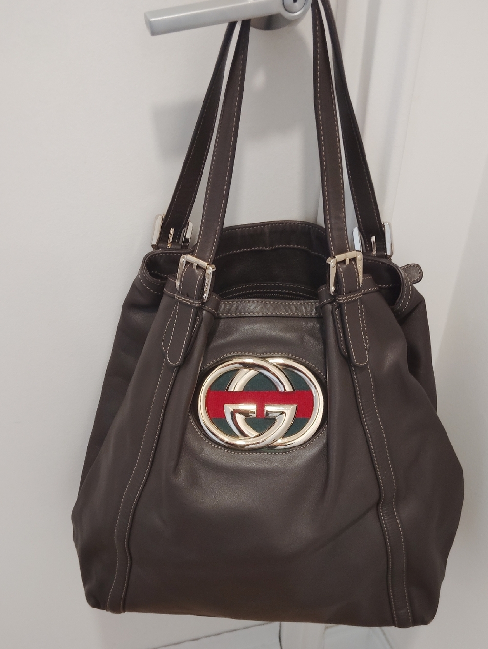 Pre-Loved Gucci Dark Brown Leather Shoulder Bag with Red and Green Web Detail